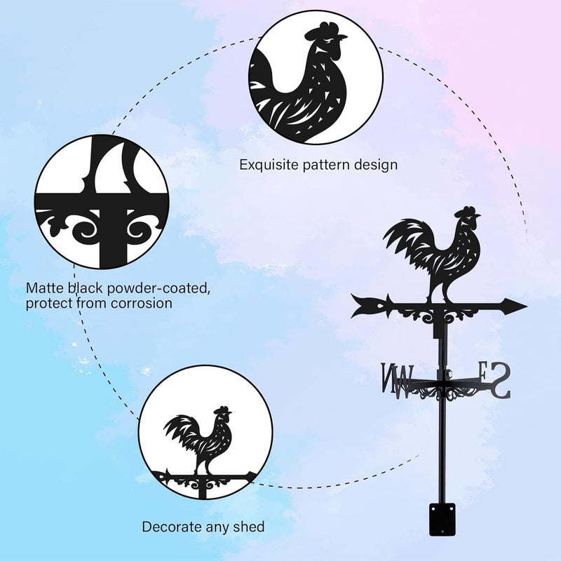 beinkmake 3D Rooster Weathervane Metal Wind Vane Weathercock Garden Decoration Wind Direction Indicator Stake Roof Mount Ornament for Farmhouse Yard Outdoor - Image 3